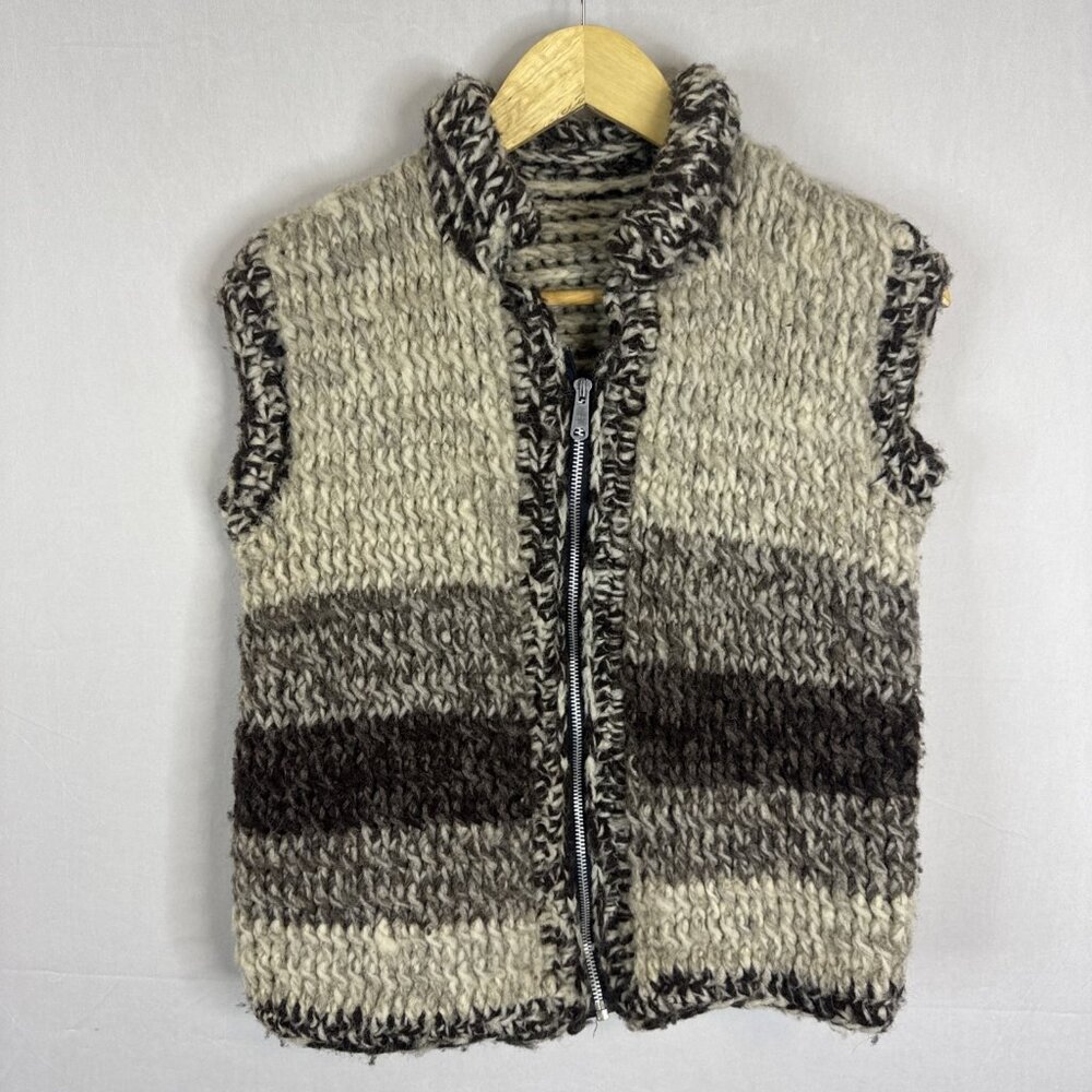 Hand Knit Wool Zip Vest Cowichan Style Chunky Knit Sleeveless Brown S